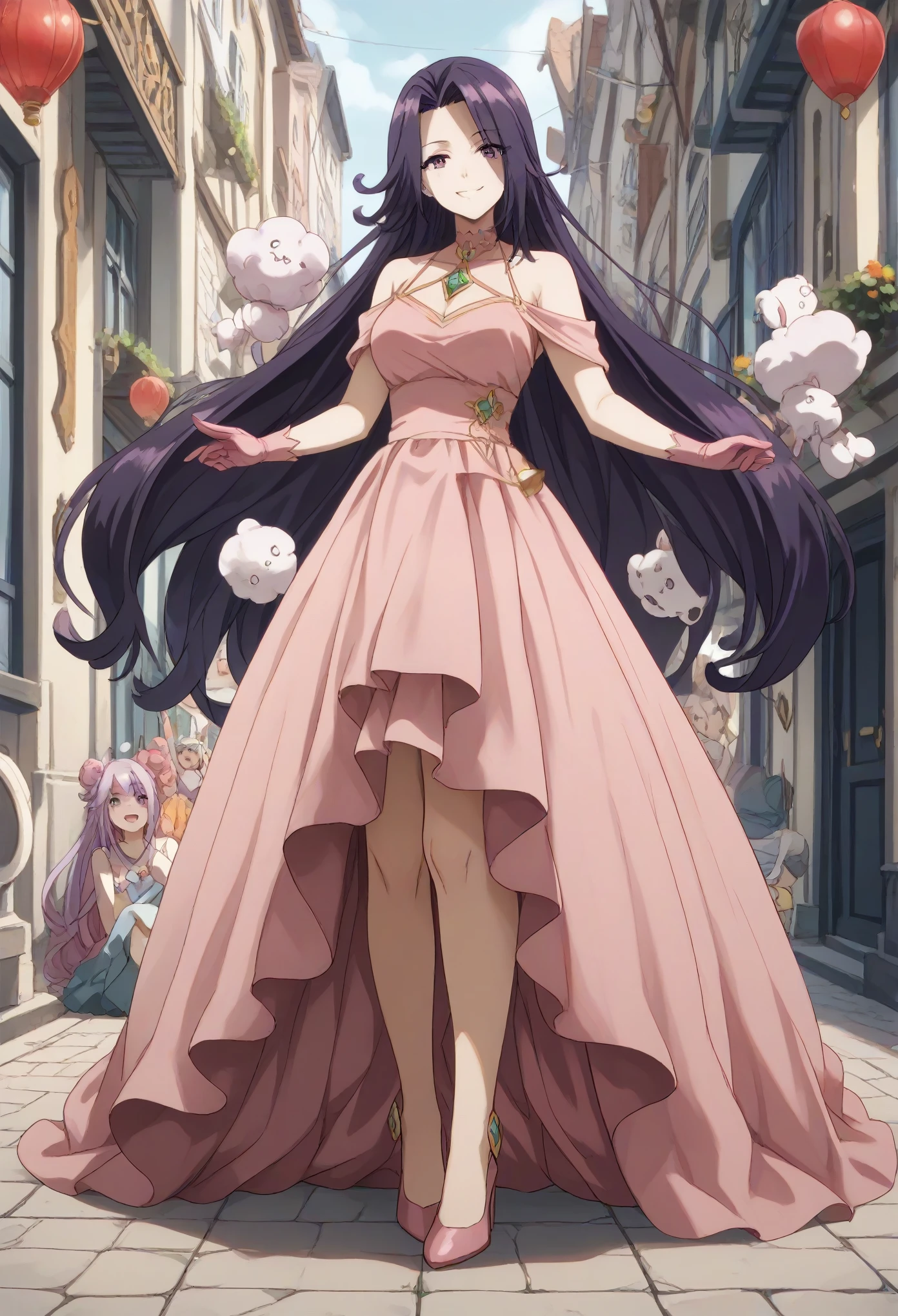 aurora,tall woman, long hair, purple hair, long hair, purple eyes,pink dress,navel,midriff,pink gloves,puffs,pink thights,highheels,smile,bright smile,joy,happy