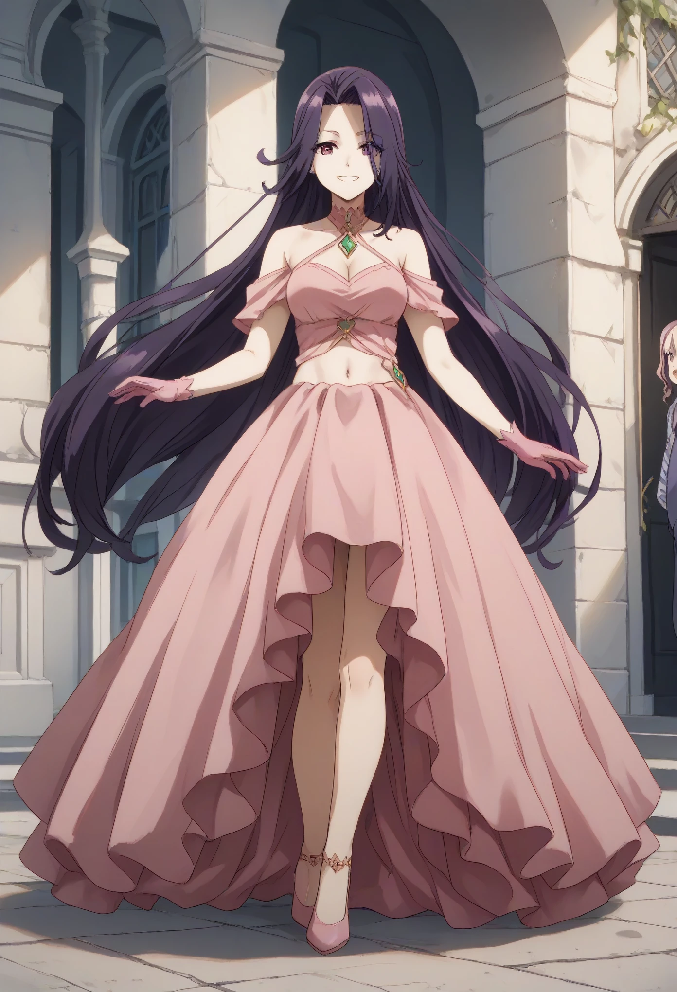 aurora,tall woman, long hair, purple hair, long hair, purple eyes,pink dress,navel,midriff,pink gloves,puffs,pink thights,highheels,smile,bright smile,joy,happy