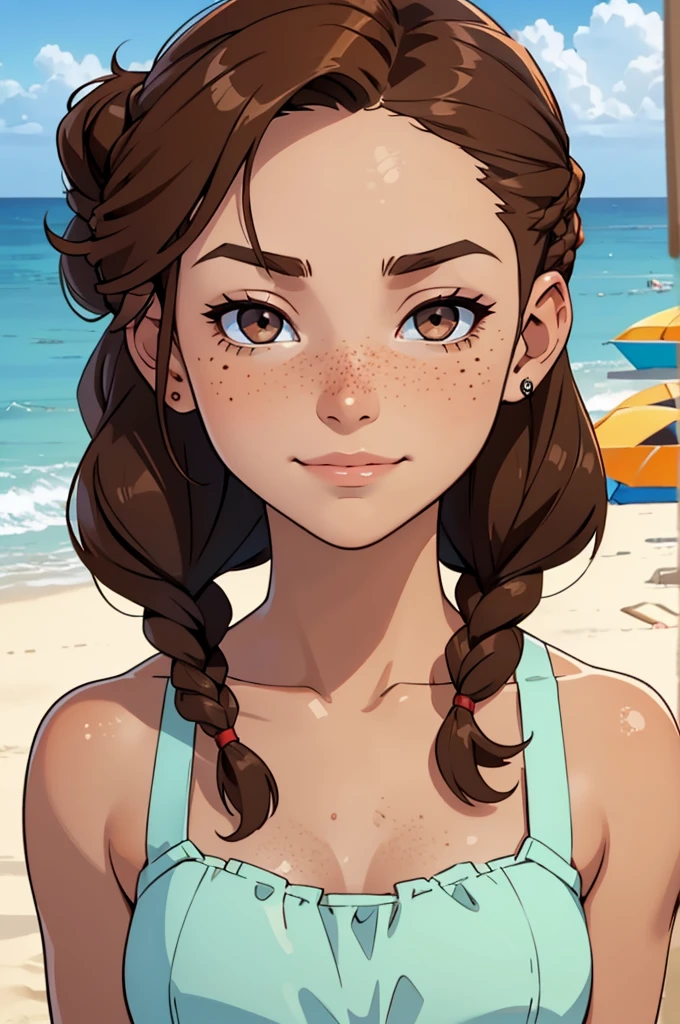 girl, suntan, sharp eyes, freckles, smirk, brown hair, braids, best quality, beach, expressive eyes, perfect face, masterpiece, beach, seaside, 4K, 8K