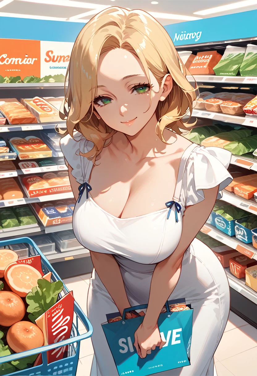 (score_9,score_8_up,score_7_up),1woman,solo,source_anime,mature,big sister,middle age,blonde hair,green eyes,wide hips, large breasts,looking at viewer, warm smile, warm eyes, tired smile, Shopping, white sundress, blue laces, supermarket