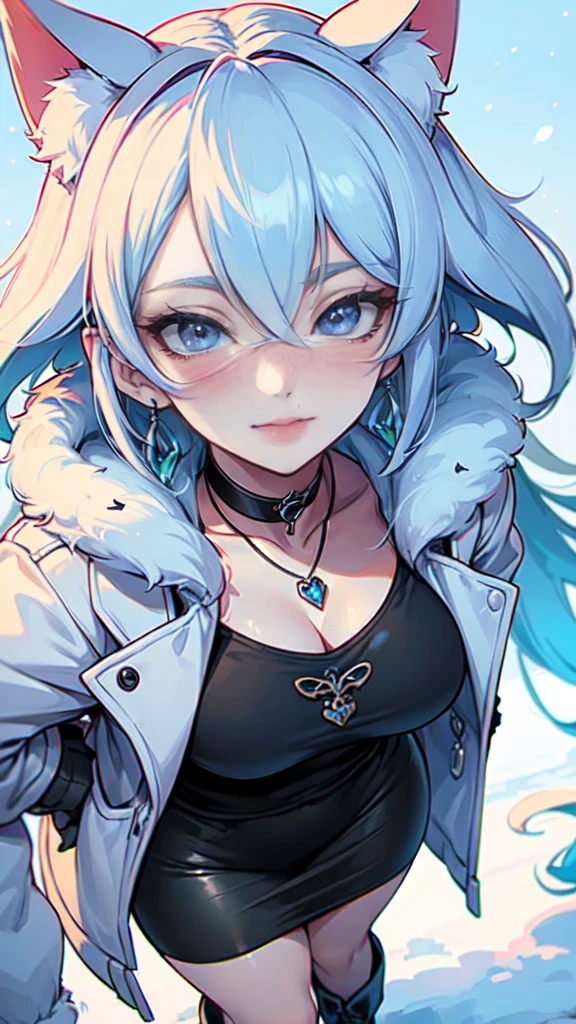 Masterpiece, beautiful art, professional artist, 8k, art style by sciamano240, very detailed face, very detailed hair, very detailed clothes, 1girl, perfectly drawn body, beautiful face, long hair, light blue hair , very detailed blue vertical cat eyes, square glasses, pouty lips , rosey cheeks, intricate details in eyes, extreme close up of face, see only head and neck, staring directly at viewer, wearing cute winter clothes, winter coat, necklace, choker, earrings, gloves, pencil skirt, black tigh boots, some freckles, big wide grin, in love with the viewer expression, sunny winter setting, walking outside,