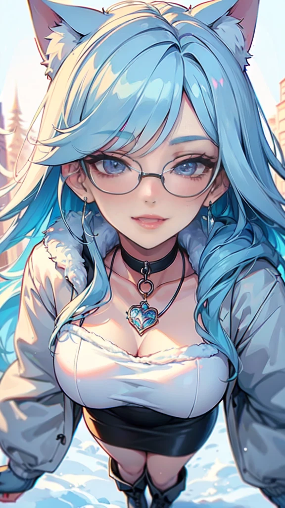 Masterpiece, beautiful art, professional artist, 8k, art style by sciamano240, very detailed face, very detailed hair, very detailed clothes, 1girl, perfectly drawn body, beautiful face, long hair, light blue hair , very detailed blue vertical cat eyes, square glasses, pouty lips , rosey cheeks, intricate details in eyes, extreme close up of face, see only head and neck, staring directly at viewer, wearing cute winter clothes, winter coat, necklace, choker, earrings, gloves, pencil skirt, black tigh boots, some freckles, big wide grin, in love with the viewer expression, sunny winter setting, walking outside,