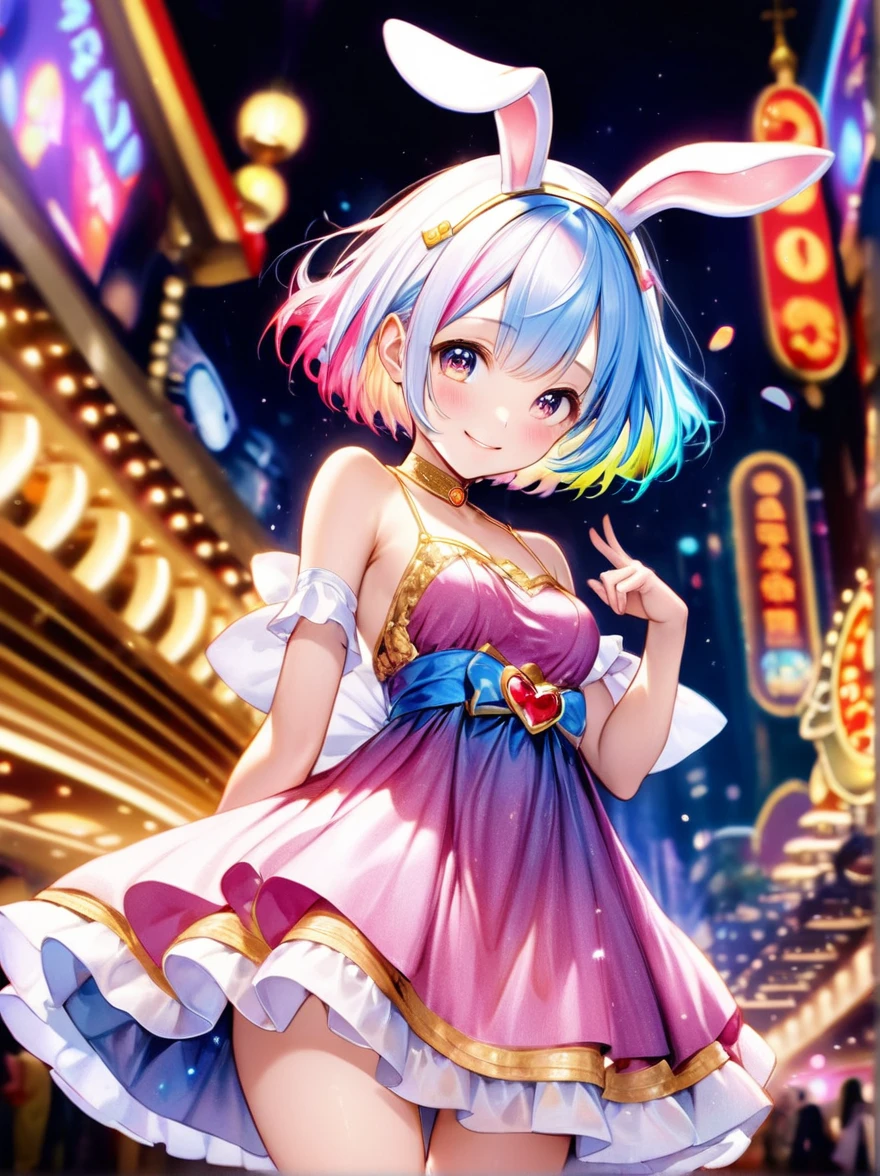 (Highest quality, 8k, 32K, masterpiece, Ultra-high resolution,:1.2),to be born, One Girl,So cute , Casino-like fantasy background, clear, Shining Eyes, Age 25 ,Fair skin, Girl with colorful hair, Fantasy Clothing, Short Hair, An innocent smile, Small Dress, night, Bunny girl, Rabbit Ears,Nyan Nyan Pose,sexy,Large breasts,Huge