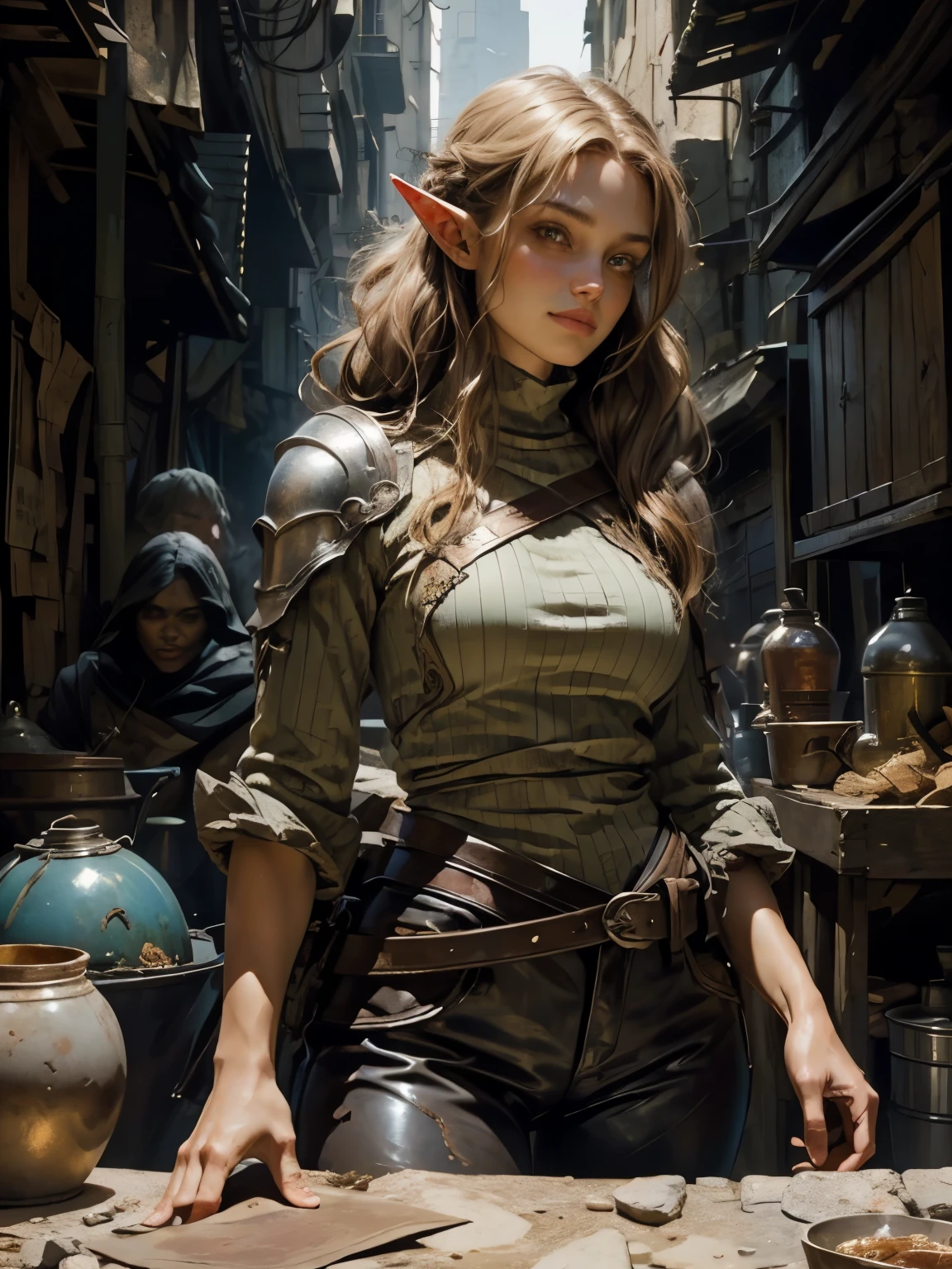 (best quality) (wonderful masterpiece) (ultra high quality) (beautiful face) (award winning photography) (hyperrealistic) (ultra detailed) a adult female elf with dark ash blonde hair wearing medieval clothes a mix out of armor fabric and leather, sword, with her orange cat, dynamic poses, realistic szene, in character posing, daily medieval life, medieval world, medieval village, medieval market, medieval fantasy, fantasy world, village with trees and cobblestone, elf with her cat, glooming fantasy world, dynamic fantasy world, medieval people around, colorful fantasy world, cat wearing armor