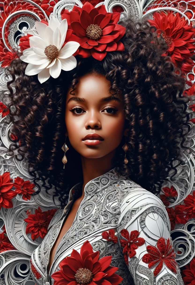 offcial art, unity wallpaper 8k, very detailled, beautiful and gorgeous, work of art, best qualityer, (zentangle, mandala, tangle, entangle), (Fractal Art:1.3) , 1 black girl, curly hair, FLOWER RED, very detailled, dynamic angle, cowboy shot, The most beautiful chaos, chic, Designed by a Brutalist, shiny colors, romantic, Por James Jane, He plays Dvi Antono, ross tran, francis bacon, this'it's very cold., Adriano Genius, Petra Correta, gerhard richter, takato yamamoto, ashley wood, atmosphere