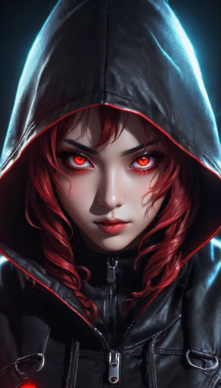 a woman of African descent with long curly hair and red eyes wearing a black leather hood, anime foda 8k, 4K anime-style, com eerie glowing red eyes, com eerie glowing red eyes, 4k anime wallpaper, 4k anime wallpaper, 4k anime wallpaper, 4k anime art wallpaper, 8K anime art wallpaper, 4k anime art wallpaper, eerie glowing red eyes, demon anime girl
