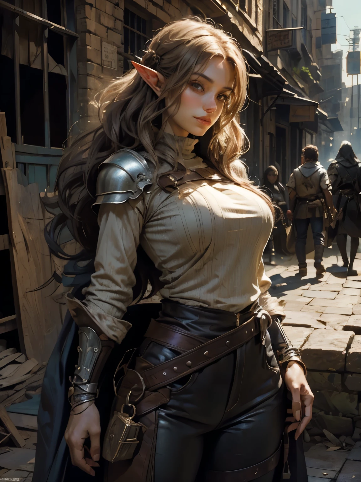 ((Medieval fantasy setting)). ((1girl and 1man)). 1 beautiful half-elf girl and 1 man, a fat, ugly human, wearing grey, shabby clothes, dirty and worn out. 
Background: Dark and dirty and deserted alley in city slums. Gray shabby walls.
"Echo is a 22-year-old half-elf. She has light brown skin. Thick light chestnut hair with caramel highlights and soft waves. Brown eyes with green hues. Her beautiful face is oval with soft features and pronounced cheekbones. She has full and attractive lips with a natural blush. A slight scar over her right eyebrow. Her ears are small like a human's but pointed like an elf's. Her physique is athletic and slim, she toned and flexible. She has a round and elastic body shapes. Light leather armor emphasizing her figure. Tight-fitting leather shorts highlighting her buttocks and athletic thighs, and a light blue silk shirt buttoned only a few buttons, leaving the cleavage and lower abdomen exposed. Her hair is braided." Pose: The man stands leaning against the wall and holding his crotch with one hand, with a disgusting smug smile and offering Eho a blowjob. Eho stands in front of him and holding a coin in her hand, slightly nodding her head, with a sly look and a slight mysterious smile. Camera: From the side, emphasizing both characters and their interaction. Background: Just a dark and dirty alley with no specific details. Tags: smug smile, proposition, coin, sly look, mysterious smile, super detail, high details, high quality, best quality, highres, 4K