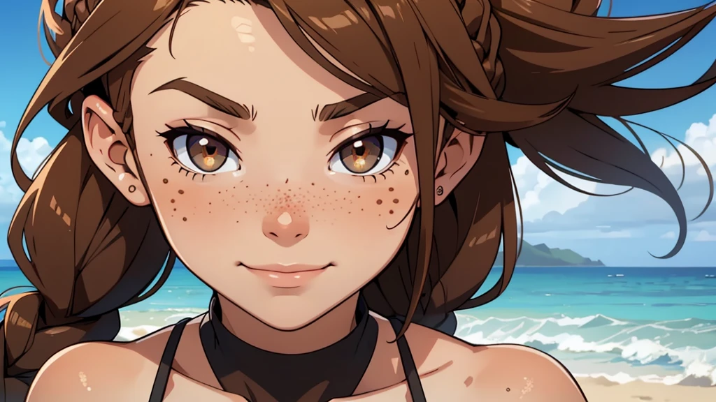 girl, suntan, sharp eyes, freckles, smirk, brown hair, braids, best quality, beach, expressive eyes, perfect face, masterpiece, beach, seaside, 4K, 8K