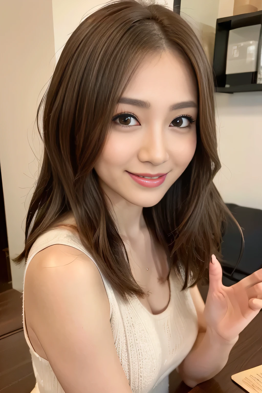 ((Highest quality, 8k, Tabletop :1.3)), Sharp focus :1.2, Facing this、Watching the audience、美しいMature Woman, 30 years old、Mature Woman, (Maxi length knit dress), Perfect Makeup、Beautiful double eyelids、Aquiline Nose、Lip gloss、 (Small shapely breasts), (smile:1.2), Highly detailed face and skin texture, fine grain, (Round face:1.4), Japanese、(Close-up photo focusing on upper body:1.4)、Light brown hair、Medium Hair、Waving Hair、大きなsmile、On the bed、