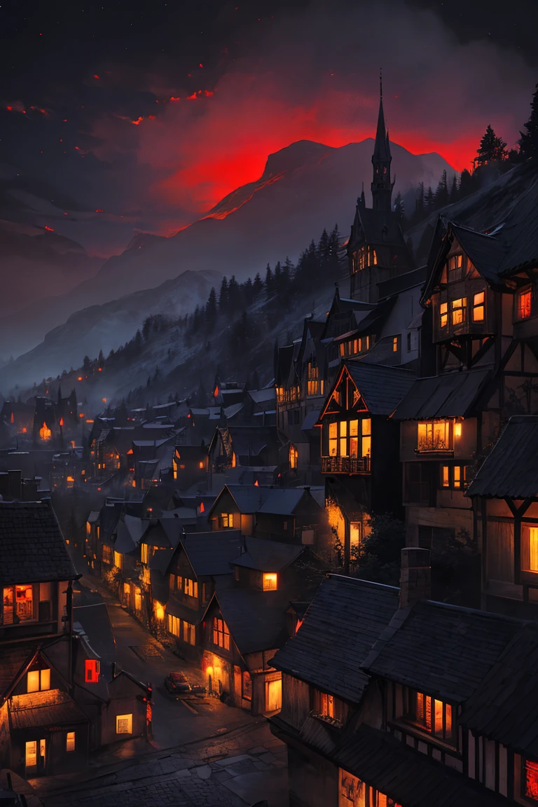 old European village shot with bird view, (Red glowing eyes), masterpiece, Depth of written boundary, Lutz, Gwaites style artwork, Gothic aesthetics, Dark Vampire village, ((in the dark gothic style cathle:1)), ((dark mid-night time:1.5)),