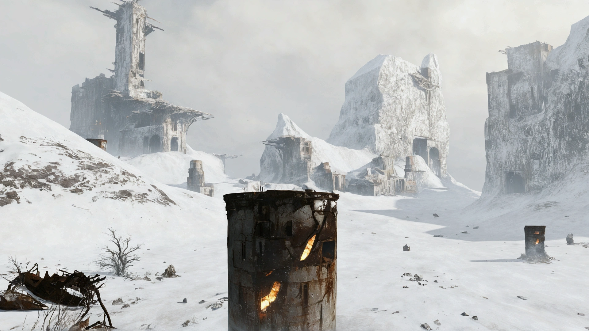 there is a fire in the middle of a snowy mountain, unreal engine screenshot, a screenshot of a rusty, ( ( unreal engine ) ), made in unreal engine 5, made in unreal engine, cryo engine, made in unreal engine 4, made with unreal engine, rendered in unrealengine, with cryengine, (unreal engine), created in unreal engine 5, Create dystopian masterpieces，Depict the destroyed futuristic cityscape in a gritty game concept art style. The artwork should evoke a sense of futuristic desolation and despair, post apocalyptic world. Keep an eye on the intricacies of detail, Sharp focus, and a highly detailed description of the ruined city. Take inspiration from the artistic styles of Wayne Barlow and Zdislav Beksiński. Deliver this image in movie view format, Show the bleak beauty of this decaying world.