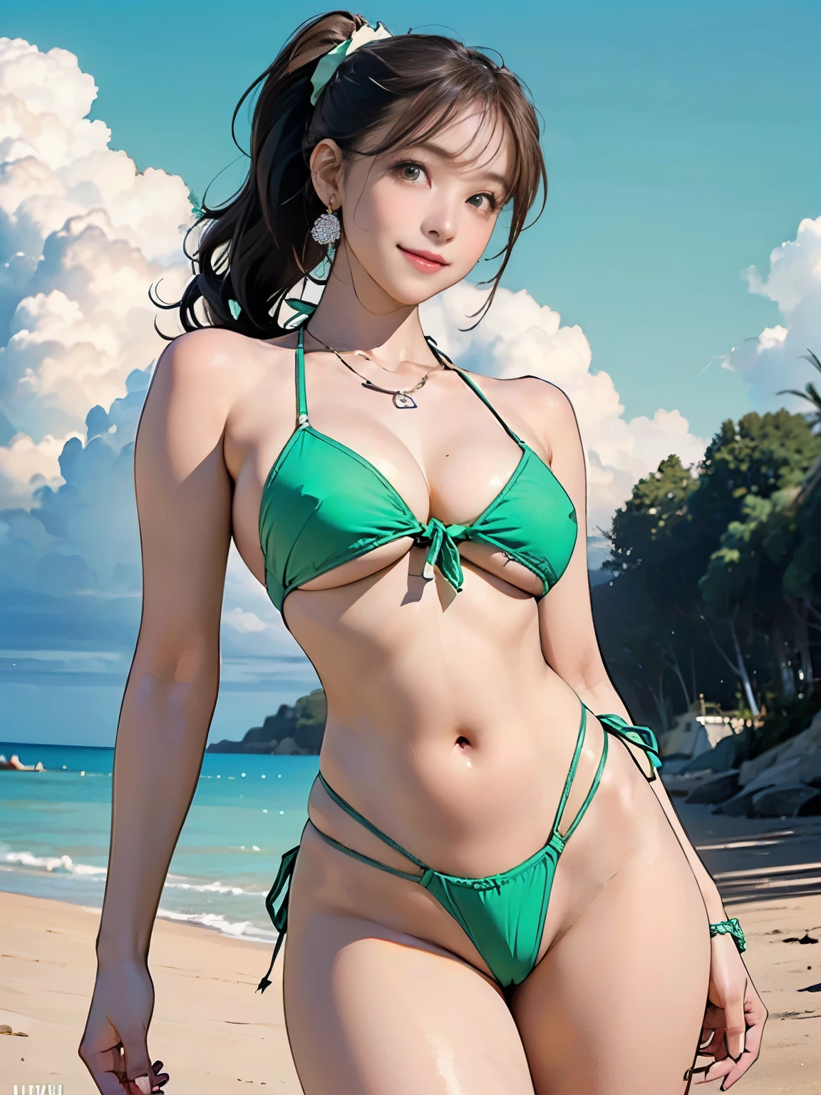((((Highest quality))))、(((Ultra-precision CG16K wallpaper)))、(((masterpiece)))、(((Super detailed)))、(((Extreme detail)))、((1Mature 29 year old woman:1.6))、((Very beautiful Japan face of a person))、((Urizane Face:1.8))、((Soft wavy ponytail medium hair:1.6))、(Shiny Hair)、A delicately drawn beautiful face、(Dark Eyes、Shining Eyes)、double eyelid、High nose、Small nostrils、Small Mouth、Seductive lips、Beautiful breasts、((B cup size breasts))、Cleavage、A small vertical belly button、Delicate nails、Beautiful feet、((Thin thighs))、eight-headed body、Perfect proportions、Perfect Anatomy、Perfect composition、Beautiful detailed shading、Beautiful, natural lighting、Beautiful detail glow、Depth of written boundary、(((High chroma)))、(((Real:1.9)))、((vivid:1.5))、((Beautiful Skin))、((Skin Texture))、((Realな皮膚感))、(((Cowboy Shot:1.6)))、(((front view、shoot from front、front low angle:1.6)))、(((smile:1.6)))、(((looking at camera:1.6)))、Bright daylight、Natural light、(((background_Beach、Sky and Clouds:1.5)))、(Gravure idol pose:1.6)、(((Mint green micro bikini swimsuit:1.6)))、((Scrunchie Ribbon、necklace、Wearing earrings:1.5))、