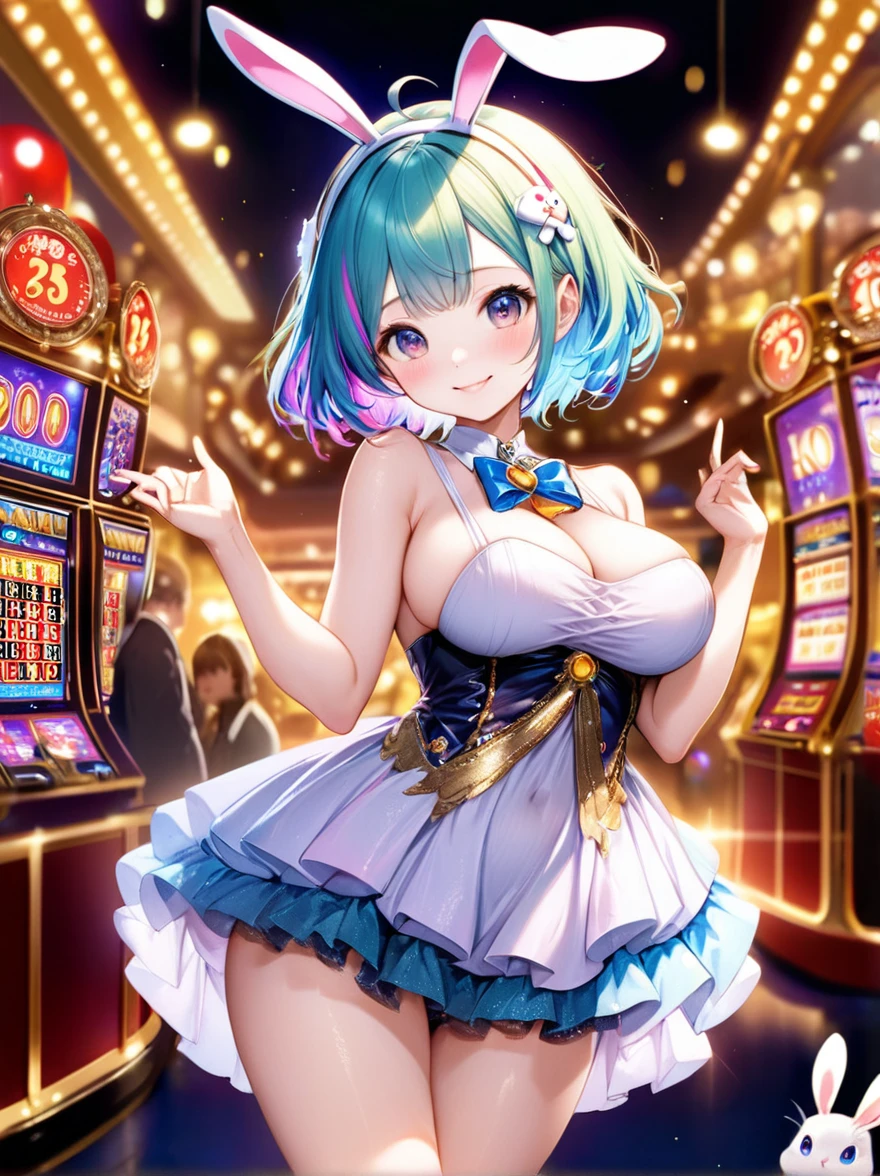 (Highest quality, 8k, 32K, masterpiece, Ultra-high resolution,:1.2),to be born, One Girl,So cute , Casino-like fantasy background, clear, Shining Eyes, Age 25 ,Fair skin, Girl with colorful hair, Fantasy Clothing, Short Hair, An innocent smile, Small Dress, night, Bunny girl, Rabbit Ears,Nyan Nyan Pose,sexy,Large breasts,Huge