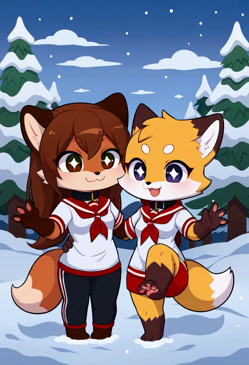 2girls, fox and tanuki, furry, bodyfur, tail, collar, sailor suit, short sleeves, jersey pants, long pants, snow gloves, barefeet, chibi, sparkling eyes, full body, snow, legs up