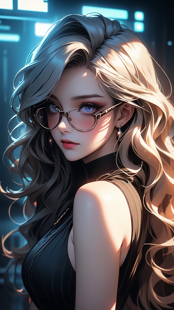 (masterpiece, side lighting, beautifully detailed beautiful eyes: 1.2), 3d face, realistic, perfect face, masterpiece, highest quality, approaching perfection, (perfect face: 1.1), (high detail: 1.1), dramatic, (girl), pale skin, (luminescent neon long wavy hair: 1.4), white eyes, solo, white shirt, red striped tie, sleeveless jacket, gothic makeup, round transparent glasses, wide smile, adjusts glasses with hands, cyberpunk atmosphere, atmospheric artwork, Luminous Studio graphics engine, plump lips, volumetric lighting, detailed eyes, (masterpiece wallpaper 8k), hyperdetailed, intricately detailed, overwhelmingly pixel accuracy, fashion, from the side, looking at viewer