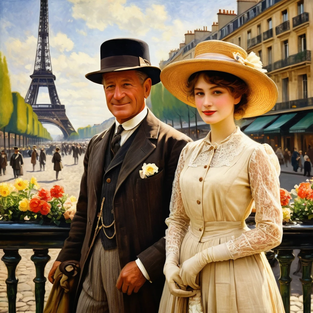 A painting of Paris in early 1913 under the sun during the Impressionist era, a realistic painting like the Impressionist masters Manet, Monet, Renoir, Cézanne, Degas and Berthe Morisot. ((A young woman, long dress, flowers and lace, boots, small round straw hat "boater" style like Maurice Chevalier or "Gabrielle Chanel" with ribbons and flowers:1.1)), very beautiful young, fresh face, magnificent, complex eyes, symmetrical features, dark made-up eyes, small nose, perfect, sometimes pouting lips, desirable, amiable, realistic feminine face, smiling, pure, lighting worthy of the painters Renoir, Manet, Monet, Cézanne, Impressionist paintings in summer. Background ((Paris, with its very wide Haussmann boulevards)), paintings in soft, warm pastel colors, some horse-drawn carriages, ((vintage automobiles)) like Decauville, Renault, Lozier, Panhard. Background view of the Eiffel Tower, generate well-drawn pedestrians with realistic, perfect, beautiful and sharp faces, frock coats, felt bowler hats, "boater" straw hats, top hats, some workers with caps, small trades, an image of a city before World War I with large Haussmann-style buildings on very wide, lively and dynamic boulevards. No cropped image, 32k, 3D, HD, oil_painting
