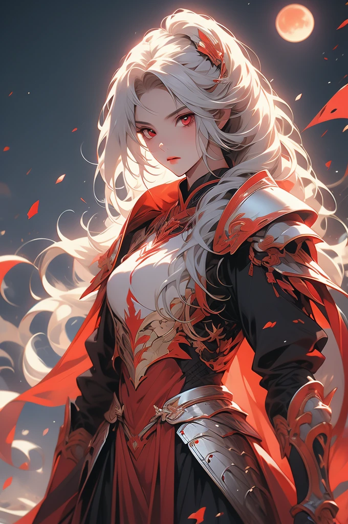 1girl, knight, white hair, red eyes, red moon, blood, long sword, plate armor