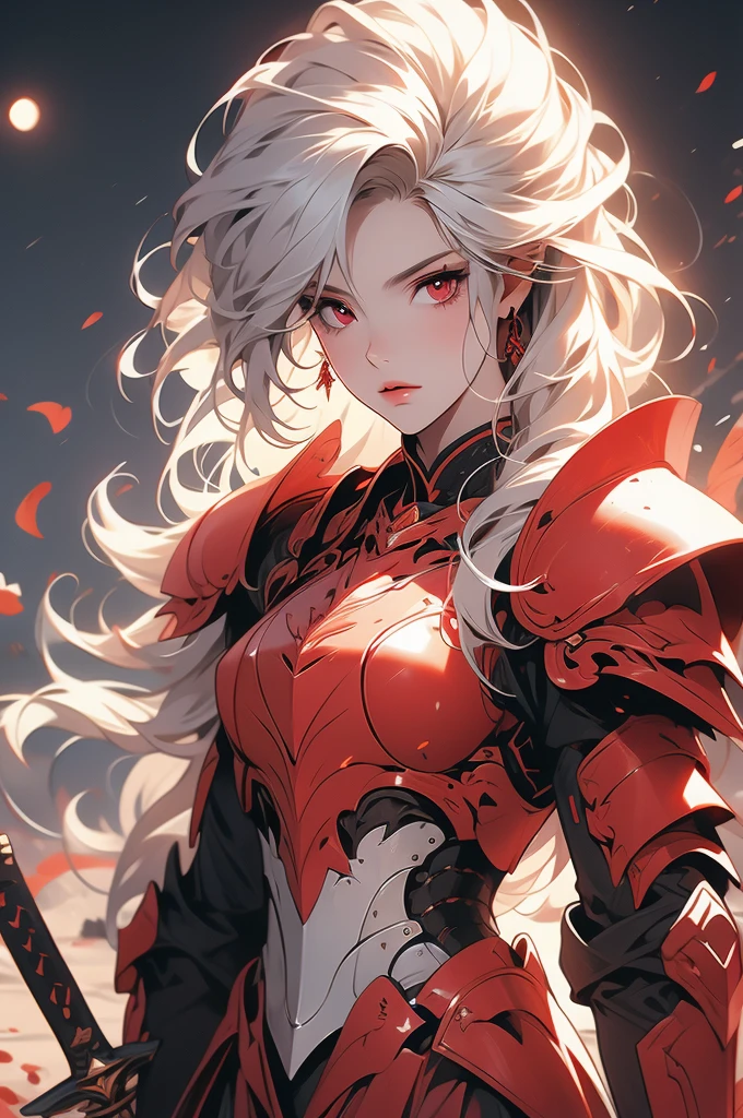 1girl, knight, white hair, red eyes, red moon, blood, long sword, plate armor