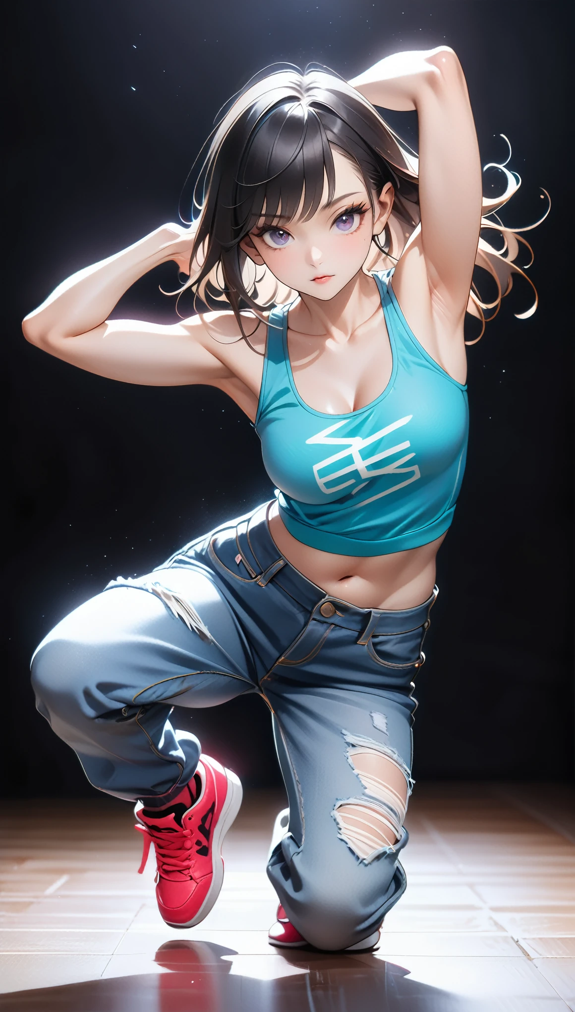 (Generated in SFW:2.0), masterpiece, Highest quality, Realistic photos, RAW Photos, dynamic dancing woman, alone, Beautiful Face, Bangs that fall on the forehead, Casual clothing, (Tight tank top:1.2), (Denim shorts:1.2), Sleeveless, Seductive body lines, alluring looks, break, Cool dance, break, Hip Hop Dance, (Black background color:1.5), (A dark background to make your subject stand out:1.1), (Focus on the eyes), (Full Body Shot:1.2), break, Street dance, Hip Hop Dance, Club dance, dynamic pose, dynamic, Moments that captivate you, Concentrated face, View your audience, bend, Spread your legs, Cool pose, Applying random anagrams to create completely different new works,