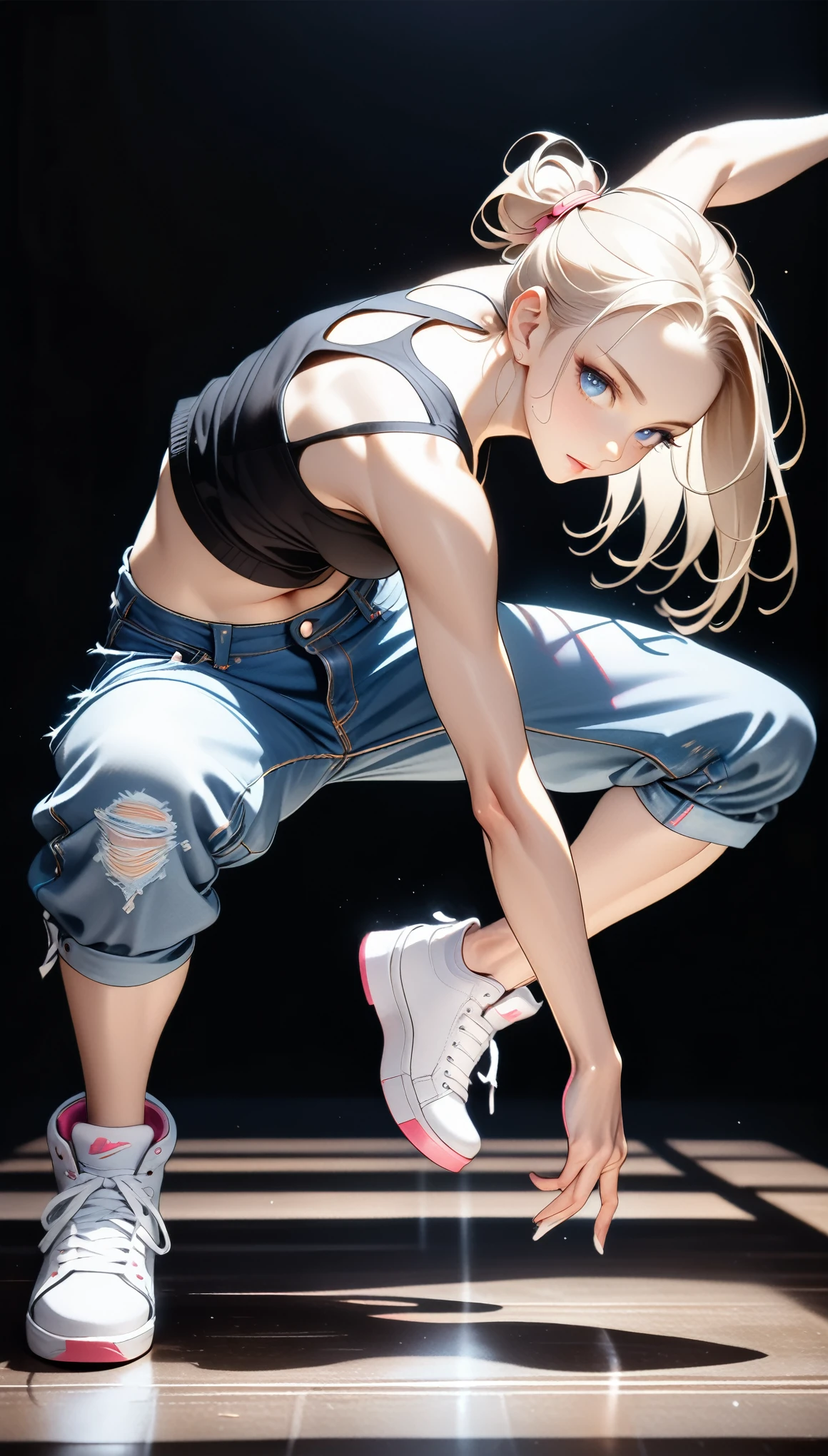 (Generated in SFW:2.0), masterpiece, Highest quality, Realistic photos, RAW Photos, dynamic dancing woman, alone, Beautiful Face, Bangs that fall on the forehead, Casual clothing, (Tight tank top:1.2), (Denim shorts:1.2), Sleeveless, Seductive body lines, alluring looks, break, Cool dance, break, Hip Hop Dance, (Black background color:1.5), (A dark background to make your subject stand out:1.1), (Focus on the eyes), (Full Body Shot:1.2), break, Street dance, Hip Hop Dance, Club dance, dynamic pose, dynamic, Moments that captivate you, Concentrated face, View your audience, bend, Spread your legs, Cool pose, Applying random anagrams to create completely different new works, 