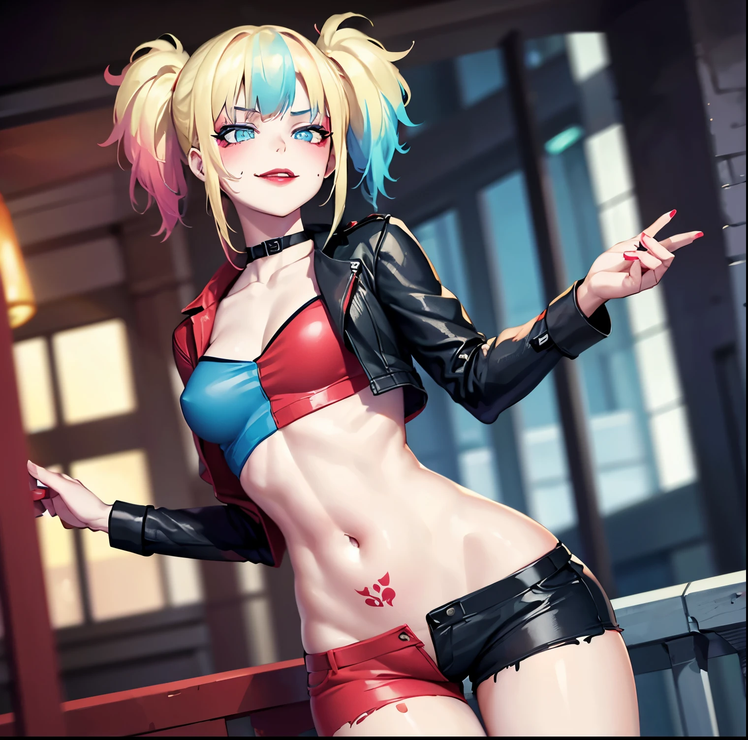 ((1girl)),((alone)),harley quinn,(masterpiece), (best quality), (ultra detailed), (best illustration), (best shadow), (absurdities), sharp focus, cowboy shot , dynamic posture looking at the viewer, medium breasts, narrow waist, wide hips, wide thighs, round butt, erotic, romantic, (very detailed eyes, lips 1.1), very detailed eyes, eyes, Very detailed face, Very beautiful face, height full, beautiful slim figure, femininity, expressive appearance, elastic medium breasts, sexuality, pink skin, blonde hair, multicolored hair blue hair, pink hair, twintails, long hair bangs, blue eyes, red lips, choker shorts, black pantyhose, red jacket, makeup, abdomen, navel, lipstick belt, multicolored shirt, red and black shirt, tattoo, sweater, t-shirt, torn clothing crop top multicolored clothing, torn pantyhose, shorts, multicolored pants, red pants with black, very shorts, nail polish, defined body, perfect and beautiful body, perfect and beautiful, closed mouth, smile, happy smile, blushing, (sexy pose: 1.2), ((solo)), standing: 1.3, exterior cityscape, streets , dirty city, city lights, looking forward, ((focus on thighs)), point of view: (from middle), perfect anatomy, perfect hands