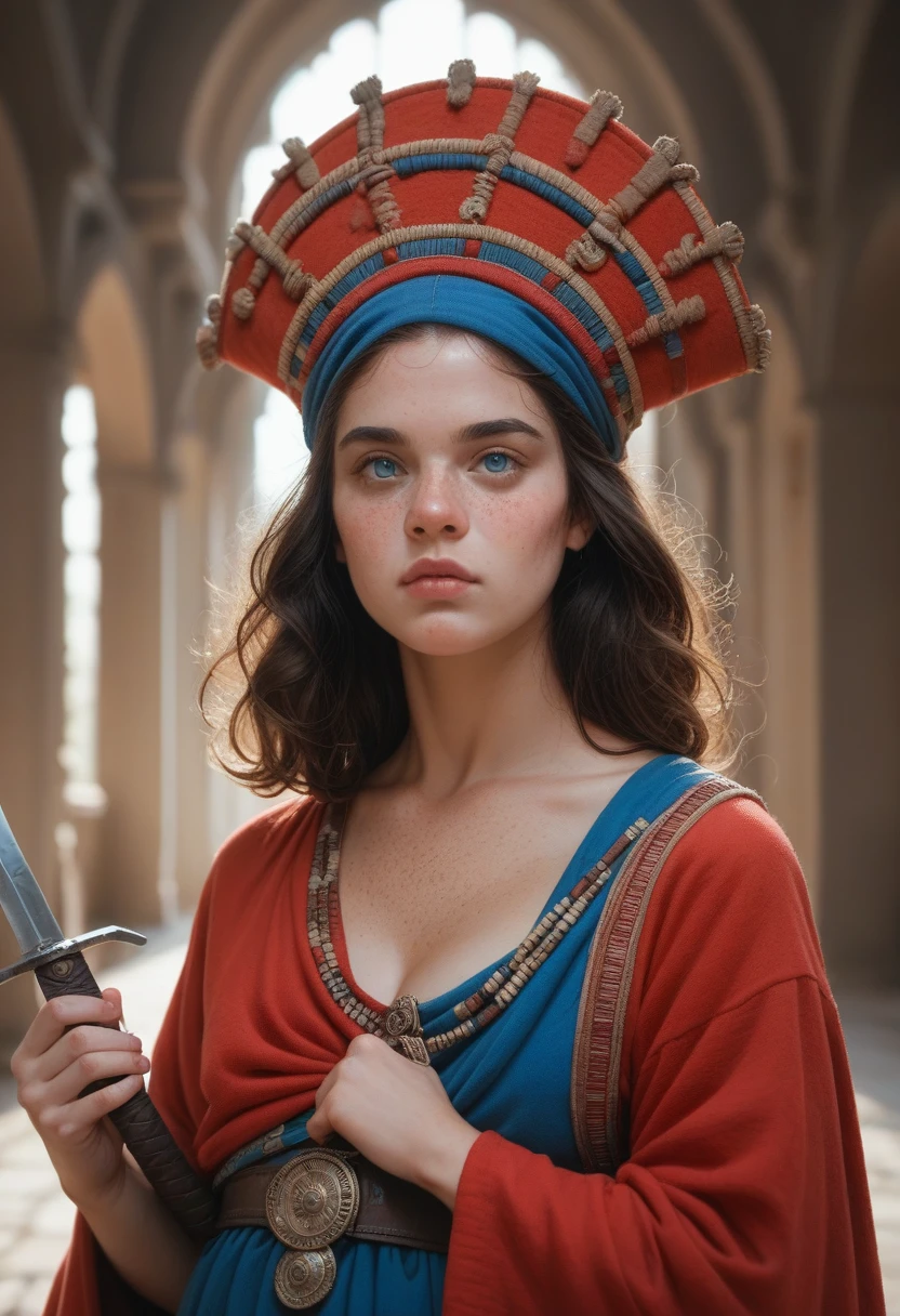 a one woman, Bullish, redheadwear, huge straight hair, blue colored eyes, freckles on the face, ancient nobility clothes, in a castle, with a small sword in his hand 