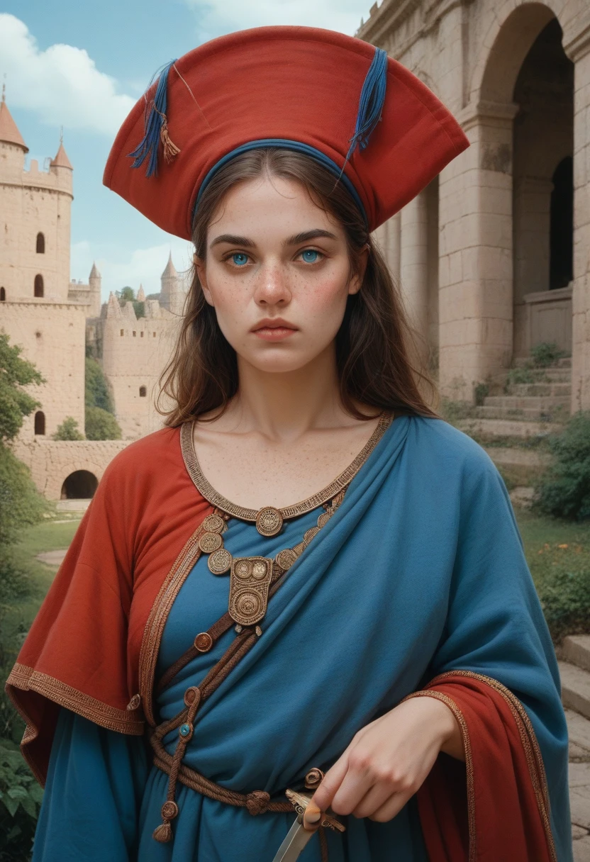 a one woman, Bullish, redheadwear, huge straight hair, blue colored eyes, freckles on the face, ancient nobility clothes, in a castle, with a small sword in his hand