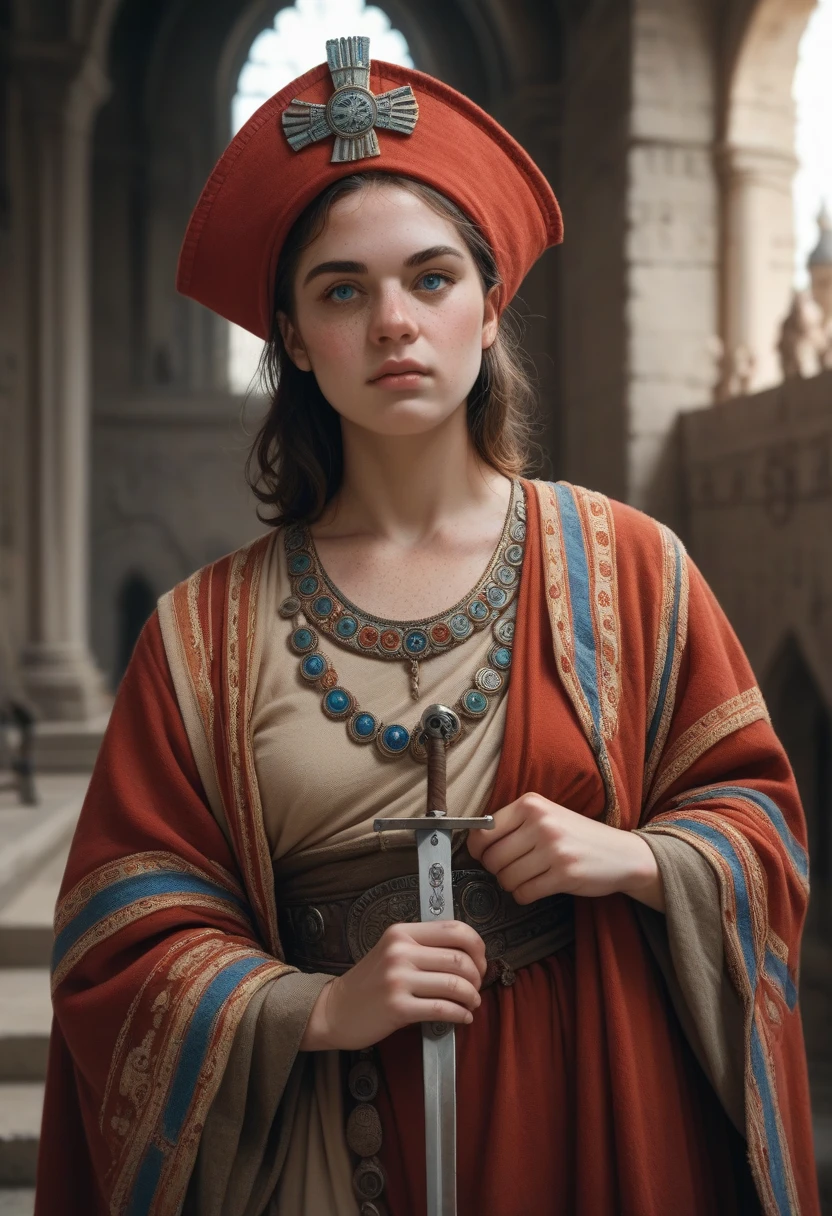 a one woman, Bullish, redheadwear, huge straight hair, blue colored eyes, freckles on the face, ancient nobility clothes, in a castle, with a small sword in his hand 