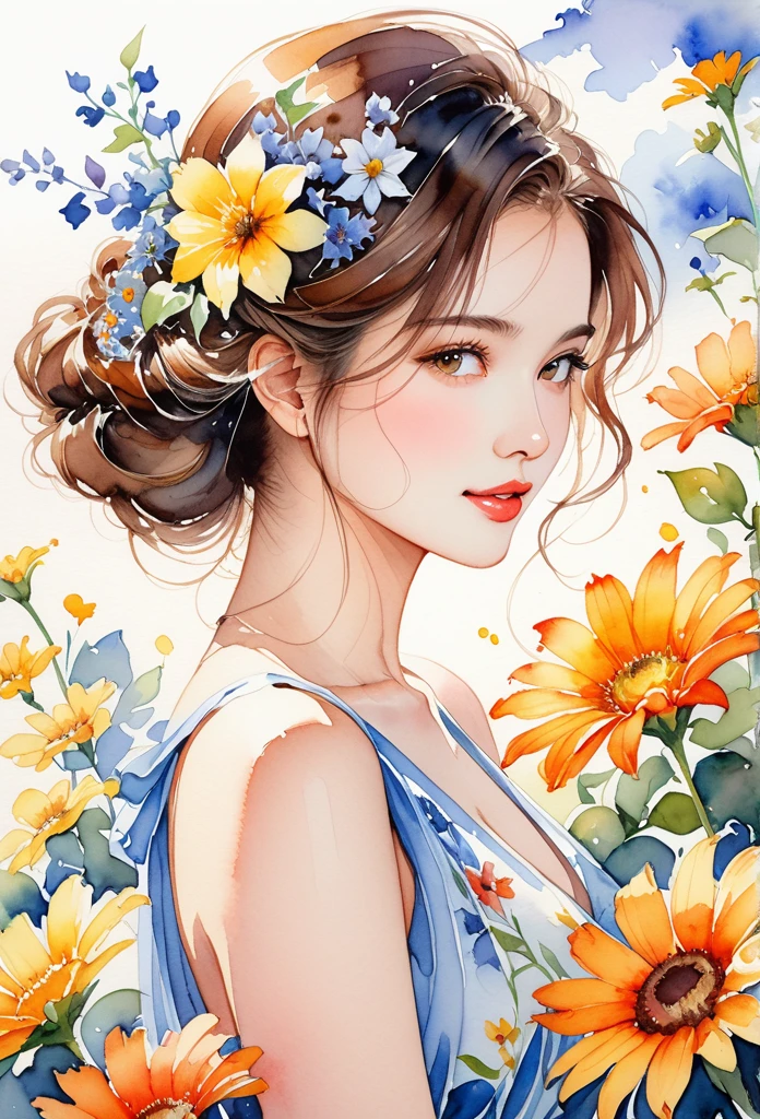 A very detailed watercolor painting, Has flowers that are reminiscent of summer, Depicting a beautiful woman
