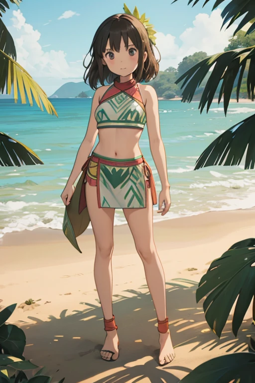 a young girl with very flat breast, on a beach, wearing tribal clothes, made of leaf