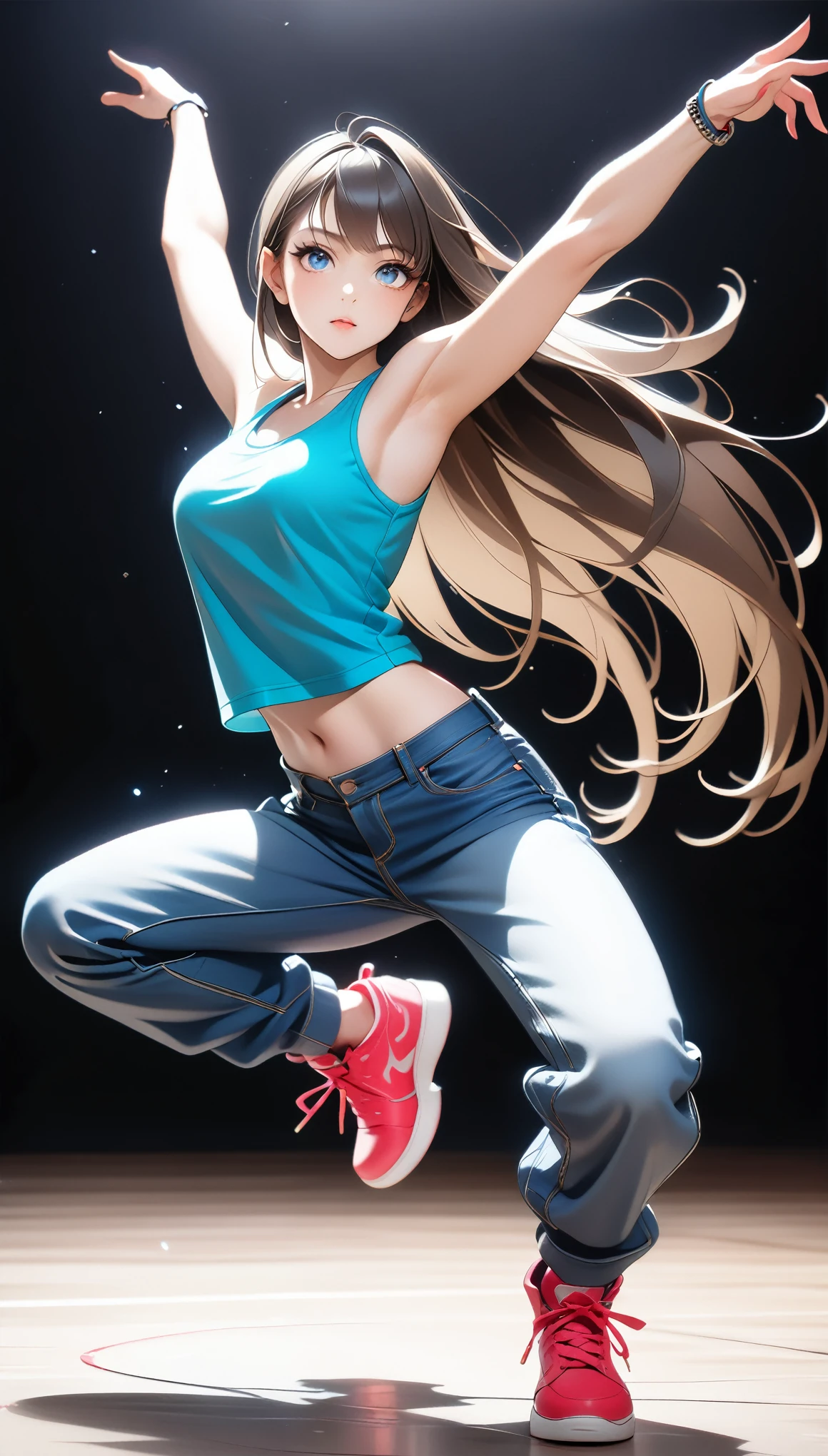 (Generated in SFW:2.0), masterpiece, Highest quality, Realistic photos, RAW Photos, dynamic dancing woman, alone, Beautiful Face, Bangs that fall on the forehead, Casual clothing, (Tight tank top:1.2), (Denim shorts:1.2), Sleeveless, Seductive body lines, alluring looks, break, Cool dance, break, Hip Hop Dance, (Black background color:1.5), (A dark background to make your subject stand out:1.1), (Focus on the eyes), (Full Body Shot:1.2), break, Street dance, Hip Hop Dance, Club dance, dynamic pose, dynamic, Moments that captivate you, Concentrated face, View your audience, bend, Spread your legs, Cool pose, Applying random anagrams to create completely different new works,