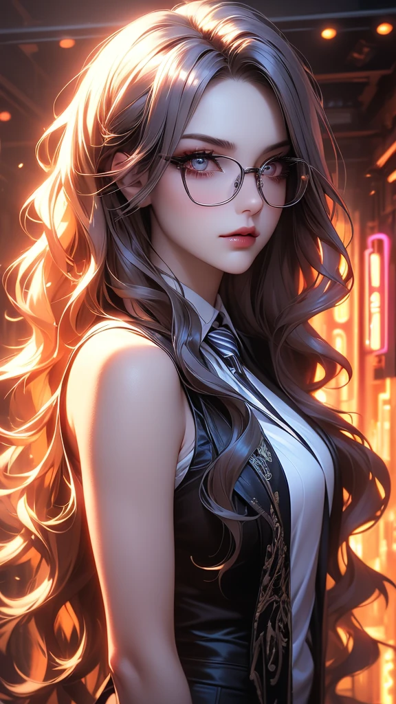 (masterpiece, side lighting, beautifully detailed beautiful eyes: 1.2), 3d face, realistic, perfect face, masterpiece, highest quality, approaching perfection, (perfect face: 1.1), (high detail: 1.1), dramatic, (girl), pale skin, (luminescent neon long wavy hair: 1.4), white eyes, solo, white shirt, red striped tie, sleeveless jacket, gothic makeup, round transparent glasses, wide smile, adjusts glasses with hands, cyberpunk atmosphere, atmospheric artwork, Luminous Studio graphics engine, plump lips, volumetric lighting, detailed eyes, (masterpiece wallpaper 8k), hyperdetailed, intricately detailed, overwhelmingly pixel accuracy, fashion, from the side, looking at viewer