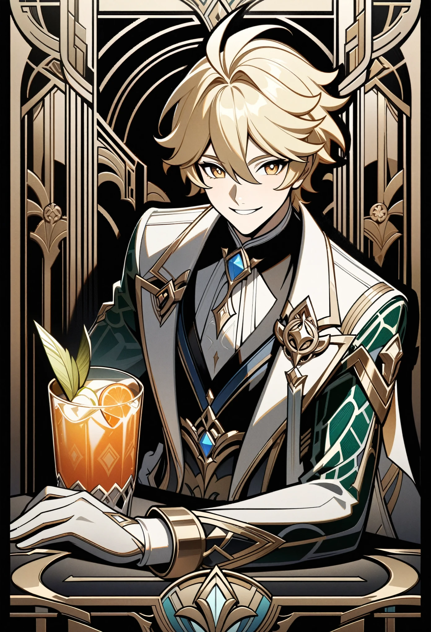 genshin impact, aether, aether from genshin impact, blonde, 1boy, male, handsome boy, cell shaded, heavy shadows, black background, art deco, vintage, bar, drinks, smiling, having fun, art deco poster, high quality, masterpiece, detailed, line art, straight lines, clear art, 