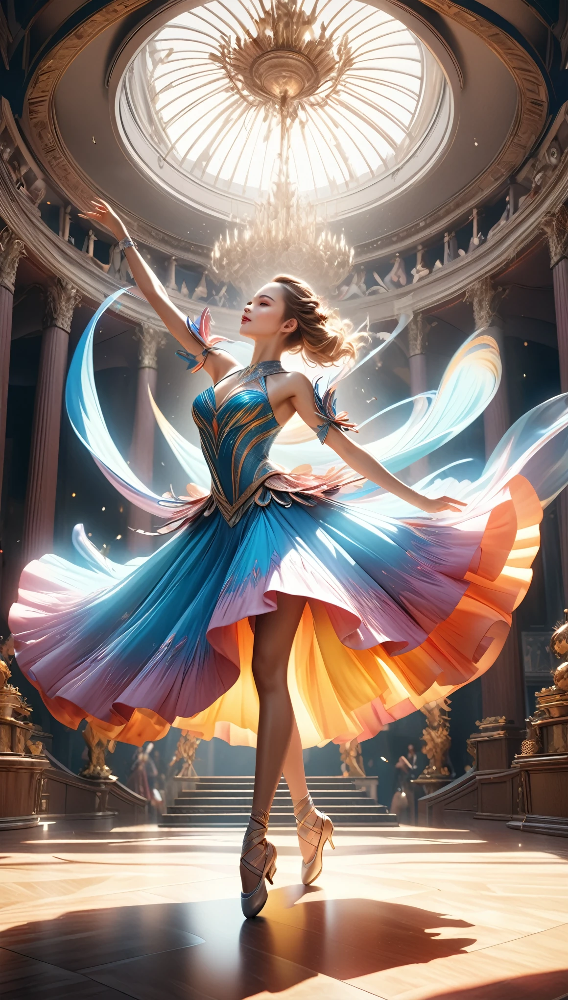 a beautiful dancing queen, dynamic fusion of world dances, creation and analysis of aesthetic performances, construction of new dance motions, bold and powerful composition, detailed and charming details, (best quality,4k,8k,highres,masterpiece:1.2),ultra-detailed,(realistic,photorealistic,photo-realistic:1.37),intricate choreography, stunning costume design, graceful movements, captivating facial expressions, dramatic lighting, vibrant colors, cinematic framing, professional 3D rendering, ethereal fantasy, whimsical imagination, surreal elegance