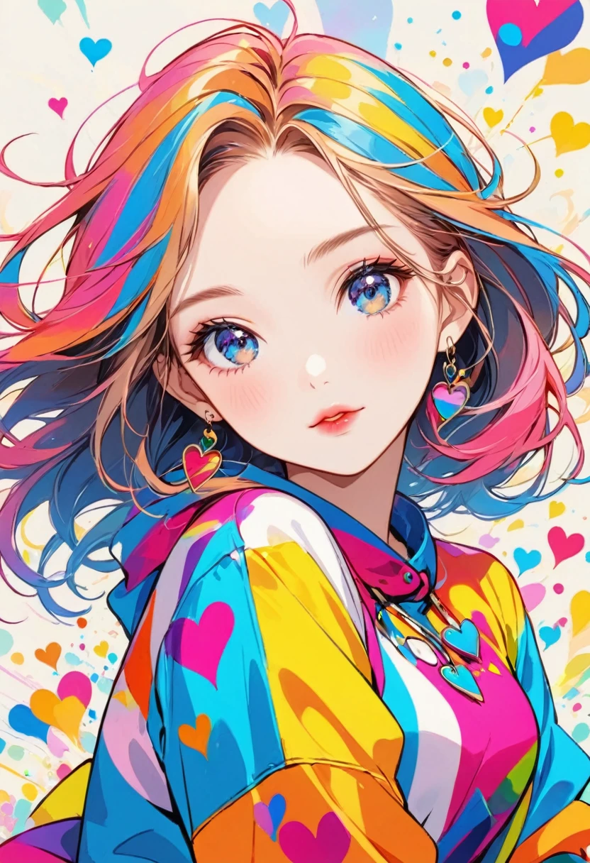 Mika Pikazo colorful style, Simple Line Initialism，Abstract art，Urban Background, (((The most beautiful girl of all time))), Sweet face. Lips in love, colorful hearts, stylish design