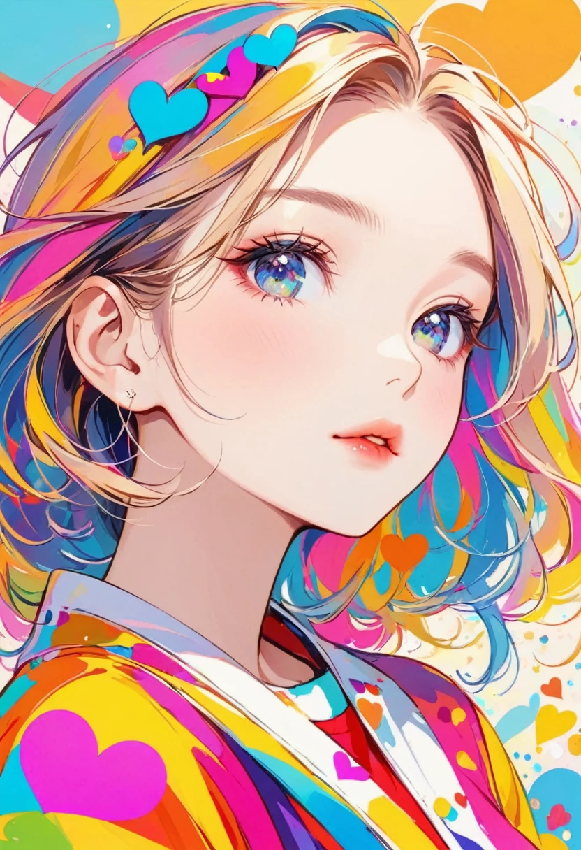 Mika Pikazo colorful style, Simple Line Initialism，Abstract art，Urban Background, (((The most beautiful girl of all time))), Sweet face. Lips in love, colorful hearts, stylish design