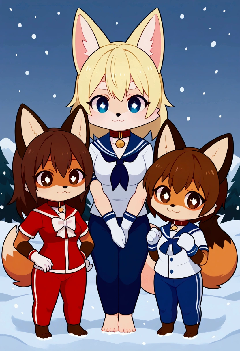 3girls, fox and tanuki, furry, bodyfur, tail, collar, sailor suit, short sleeves, jersey pants, long pants, white gloves, snow gloves, barefeet, chibi, sparkling eyes, full body, snow