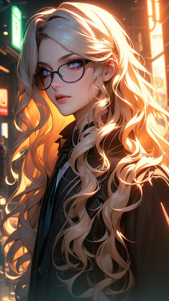 (masterpiece, side lighting, beautifully detailed beautiful eyes: 1.2), 3d face, realistic, perfect face, masterpiece, highest quality, approaching perfection, (perfect face: 1.1), (high detail: 1.1), dramatic, (girl), pale skin, (luminescent neon long wavy hair: 1.4), white eyes, solo, white shirt, red striped tie, sleeveless jacket, gothic makeup, round transparent glasses, wide smile, adjusts glasses with hands, cyberpunk atmosphere, atmospheric artwork, Luminous Studio graphics engine, plump lips, volumetric lighting, detailed eyes, (masterpiece wallpaper 8k), hyperdetailed, intricately detailed, overwhelmingly pixel accuracy, fashion, from the side, looking at viewer
