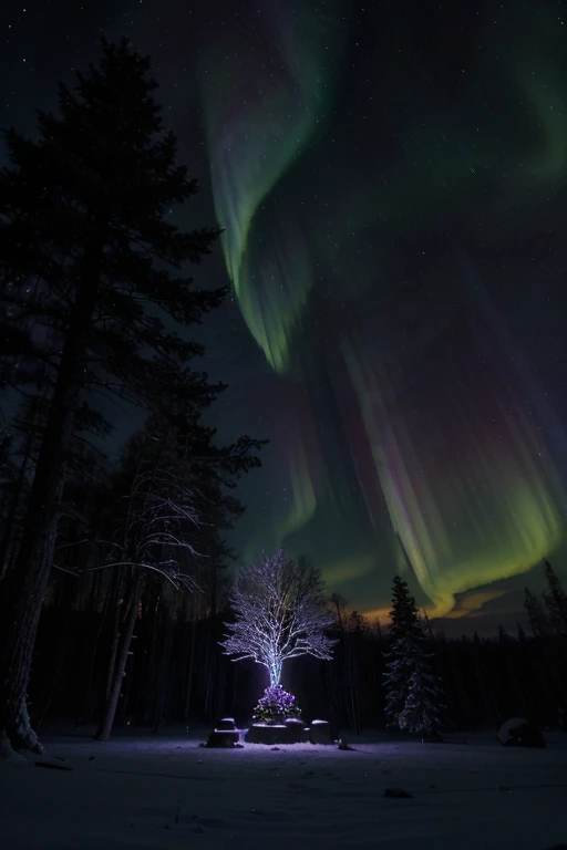 "Deep in an ancient forest, in an open area dimly lit by moonlight, Beams of blue and purple light shine around an old stony altar. In the middle of the altar, decorated with mystical symbols, A shining crystal ball stands. trees around you, hanging on them, gently swaying, magical talismans covered in ancient parchment runes. In the sky, the stars are an extraordinarily bright and magical aurora borealis (northern Lights) He is dancing."