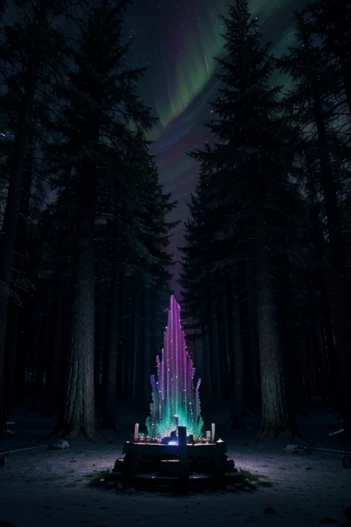 "Deep in an ancient forest, in an open area dimly lit by moonlight, Beams of blue and purple light shine around an old stony altar. In the middle of the altar, decorated with mystical symbols, A shining crystal ball stands. trees around you, hanging on them, gently swaying, magical talismans covered in ancient parchment runes. In the sky, the stars are an extraordinarily bright and magical aurora borealis (northern Lights) He is dancing."