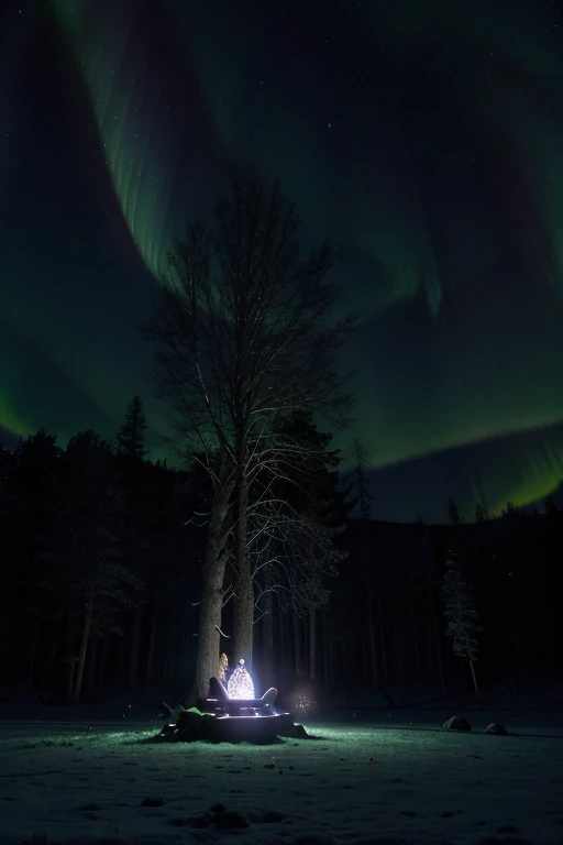 "Deep in an ancient forest, in an open area dimly lit by moonlight, Beams of blue and purple light shine around an old stony altar. In the middle of the altar, decorated with mystical symbols, A shining crystal ball stands. trees around you, hanging on them, gently swaying, magical talismans covered in ancient parchment runes. In the sky, the stars are an extraordinarily bright and magical aurora borealis (northern Lights) He is dancing."