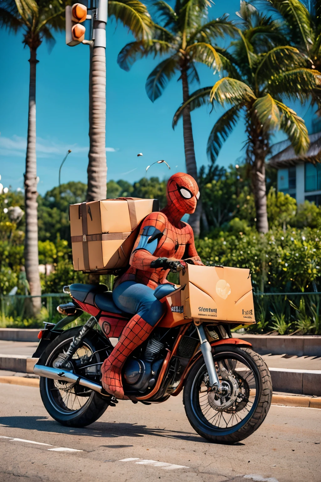 Create a 3D illustration of A realistic superhero character Spiderman is riding a motorbike carrying lots of packages behind him.Package courier. Hand holding motorbike handlebar. With a background on the side of the highway. . Side view. Logo J&T Express. Realistic. Spiderman becomes a package courier