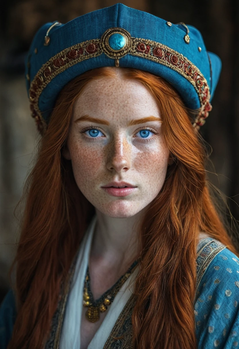 a one woman, Bullish, redheadwear, huge straight hair, blue colored eyes, freckles on the face, ancient nobility clothes