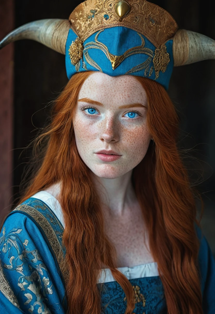 a one woman, Bullish, redheadwear, huge straight hair, blue colored eyes, freckles on the face, ancient nobility clothes