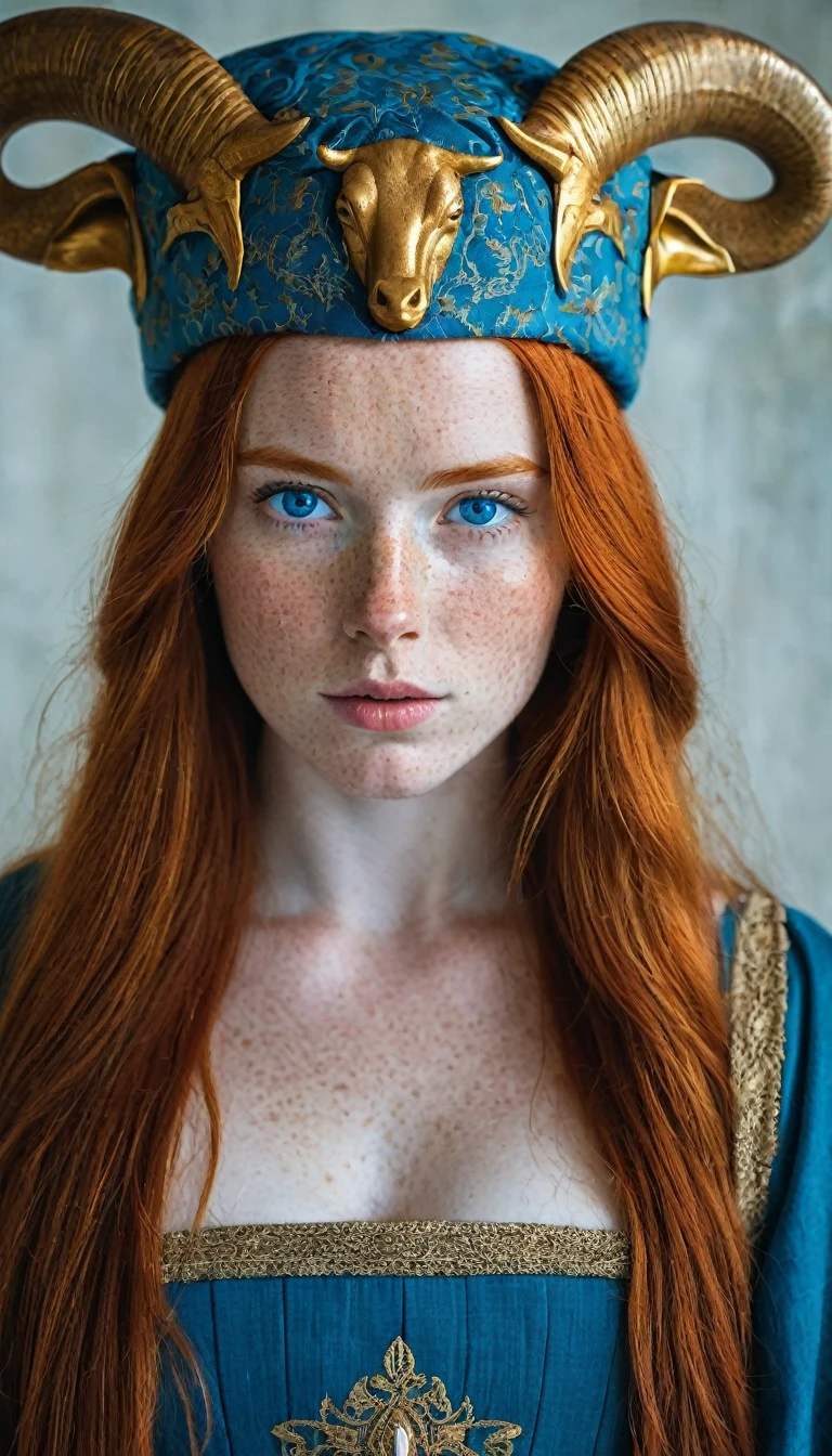 a one woman, Bullish, redheadwear, huge straight hair, blue colored eyes, freckles on the face, ancient nobility clothes