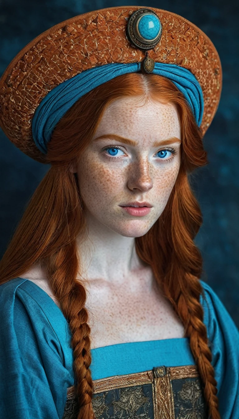 a one woman, Bullish, redheadwear, huge straight hair, blue colored eyes, freckles on the face, ancient nobility clothes