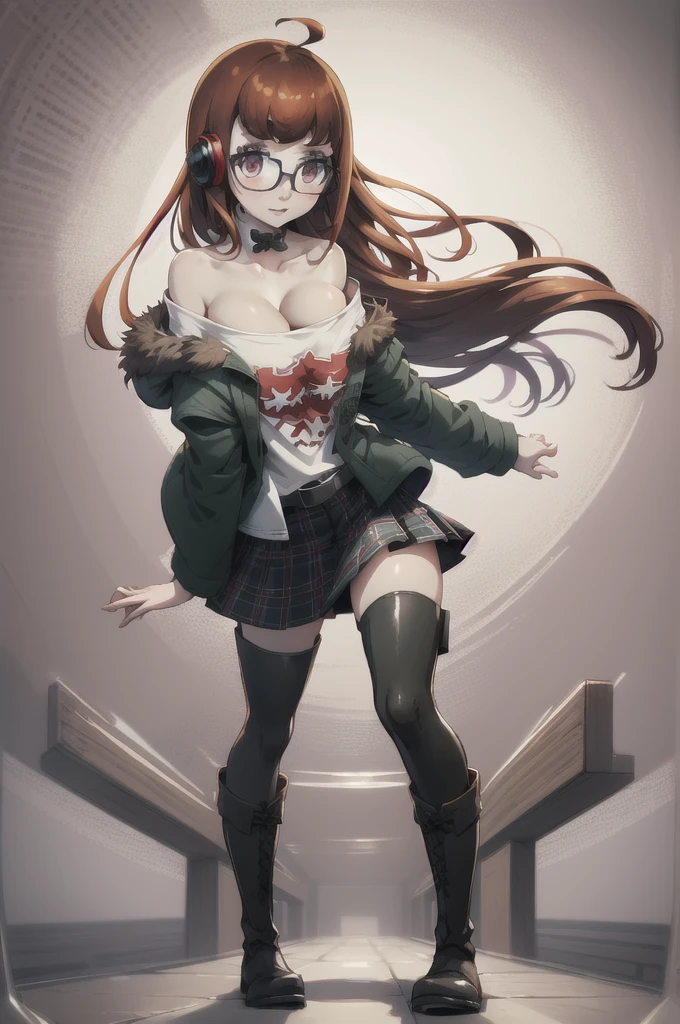 (masterpiece, best quality:1.2),two heads, 1girl, solo, looking at viewer, taffytales, Yoshizawa Sumire, long hair, glasses, straight hair, large breasts, Yoshizawa Sumire, long hair, glasses, shuujin academy , black jacket, plaid skirt, black pantyhose, white shirt next to futabasakura, futaba sakura, two heads, orange hair, glasses, long hair, (purple eyes:1.1), ahoge,
BREAK behind-the-head headphones, belt boots, black footwear, black thighhighs, cross-laced footwear, fur trim, fur-trimmed jacket, green jacket, headphones, jacket, knee boots, lace-up boots, off shoulder, off-shoulder shirt, shirt, t-shirt, thighhighs, thighhighs under boots,