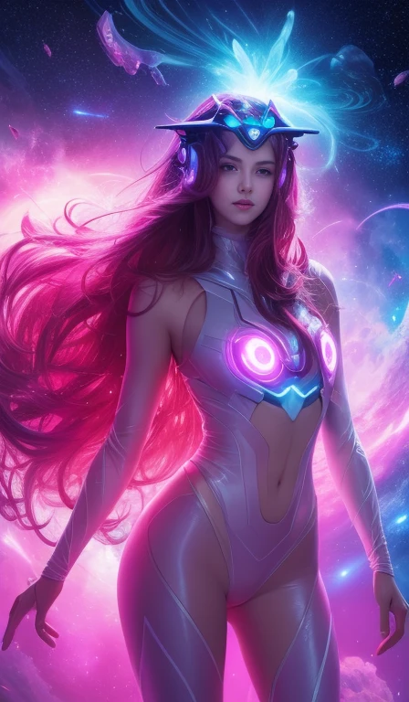 A picture of a woman with long hair，A flower stuck in his hair, Transparent body，Energetic posture，advanced technologies，laser，Milky Way Galaxy background，cosmic energy，sci fi art，concept-art，A futuristic，neon colored,
