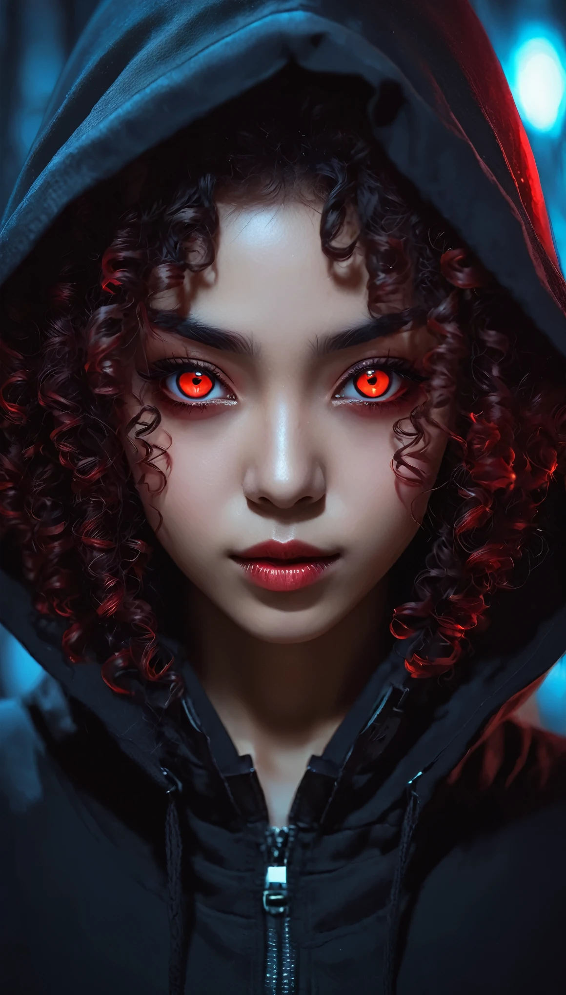 an Afro-descendant woman with long curly hair and red eyes wearing a black hood, anime foda 8k, 4K anime-style, com eerie glowing red eyes, com eerie glowing red eyes, 4k anime wallpaper, 4k anime wallpaper, 4k anime wallpaper, 4k anime art wallpaper, 8K anime art wallpaper, 4k anime art wallpaper, eerie glowing red eyes, demon anime girl