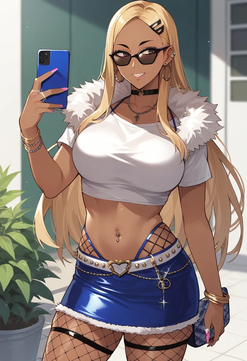 Score_9, score_8_up, score_7_up, score_6_up, source_anime, rating:general, 1girl, slutty_clothes, makeup, 1girl, solo, kiryuuin_satsuki, dark-skinned female, blonde hair, dark skin, phone, jewelry, sunglasses, earrings, long hair, crop top, handbag, very long hair, hair ornament, midriff, choker, makeup, bracelet, navel piercing, miniskirt, piercing, hairclip, necklace, ring, looking to the side, brown eyes, smile, sparkle, cowboy shot, cropped shirt, blue skirt, fur trim, alternate costume, short sleeves, forehead, white shirt, standing, gyaru, glasses, fishnets, ear piercing, tattoo, fur-trimmed skirt, eyeshadow, parted lips